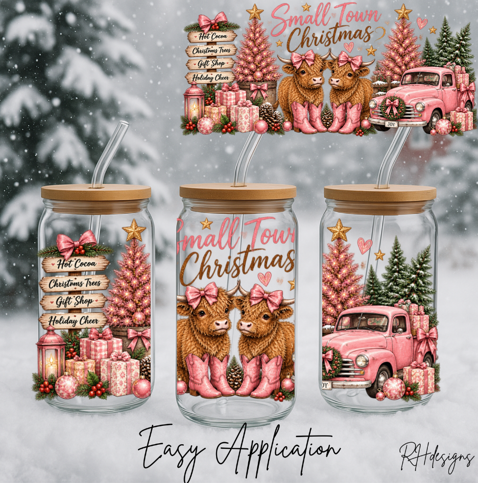 Small Town Christmas Pink Highland Cow - 16oz