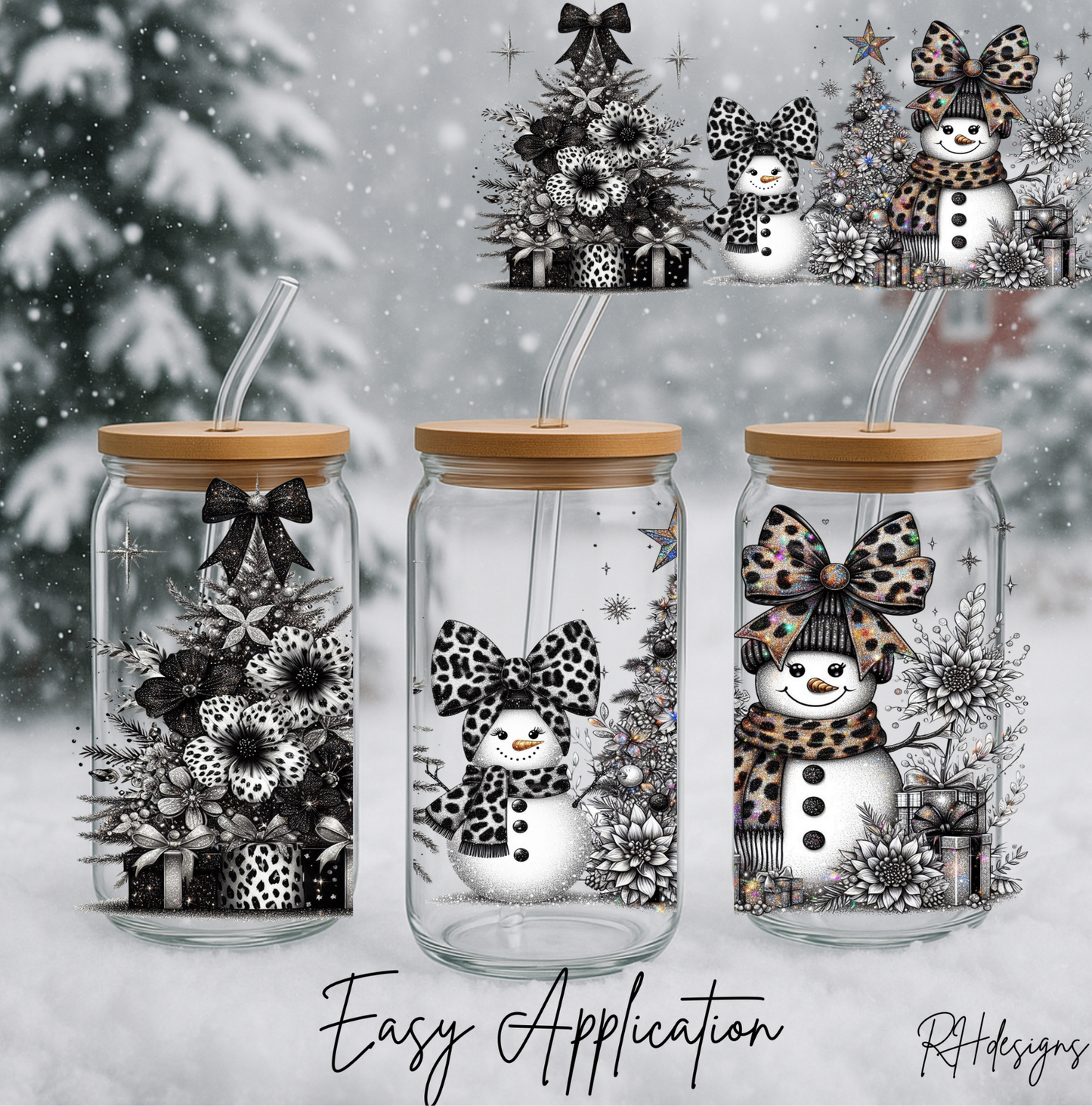 Black & White Flower Snowman - 16oz