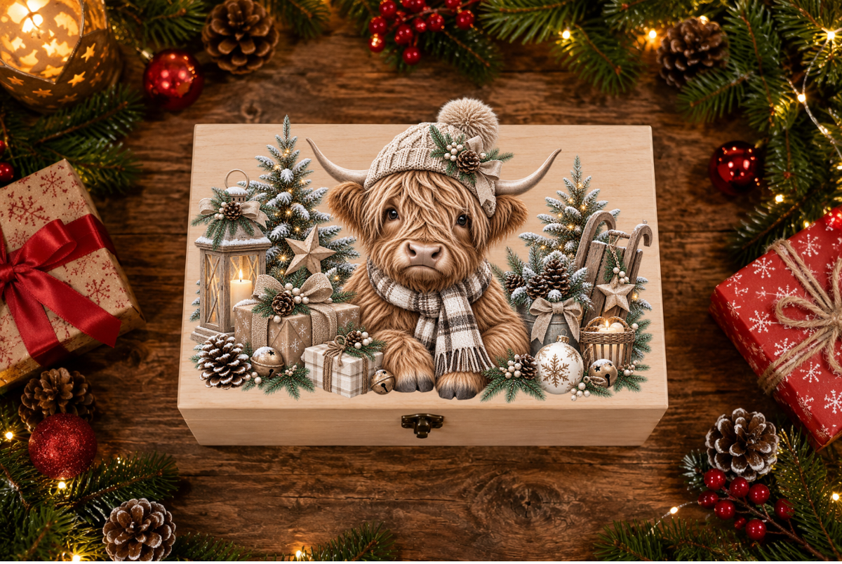 Neutral Tan Christmas Eve Highland Cow