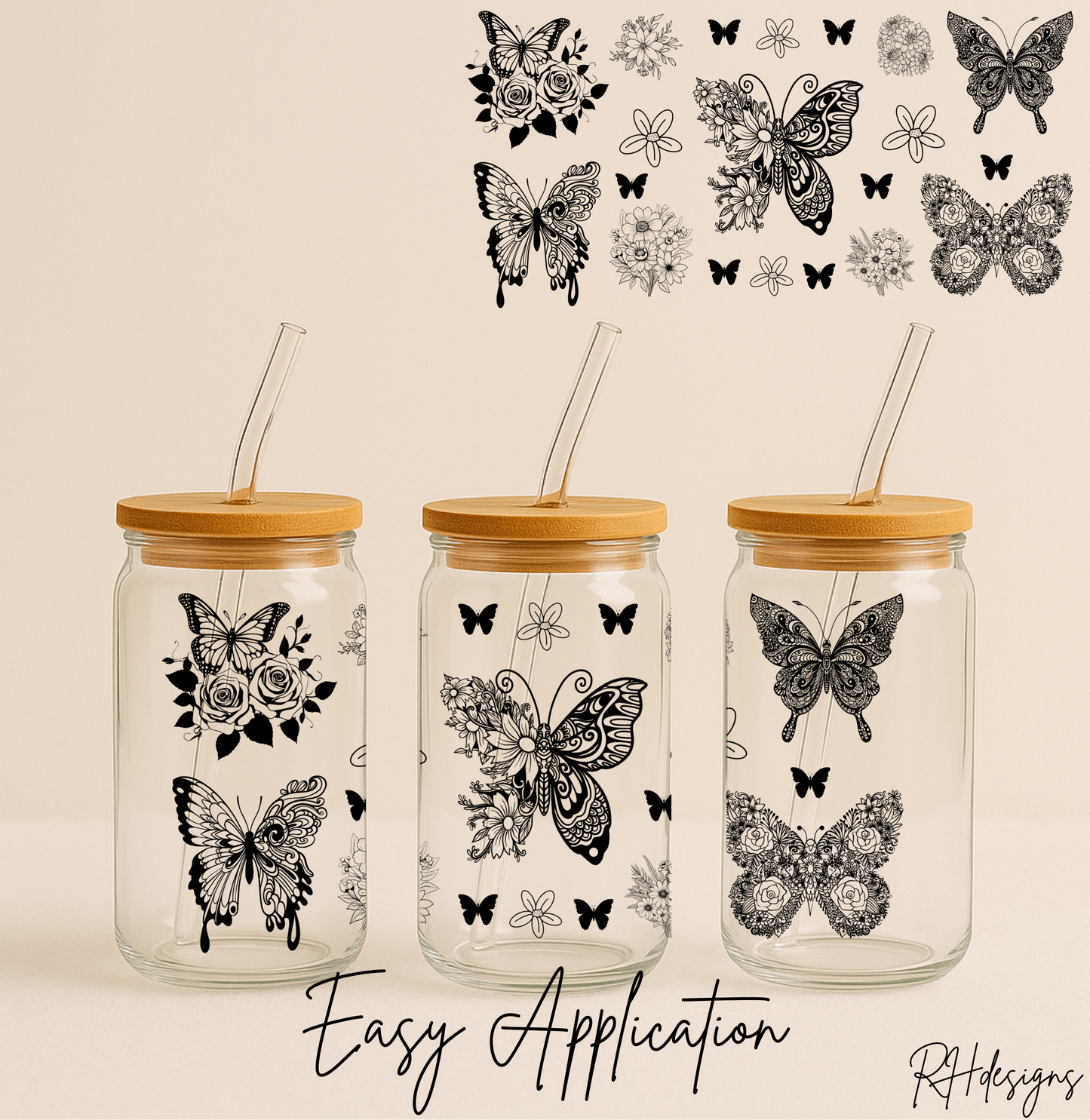 Black Floral Butterflies - 16oz