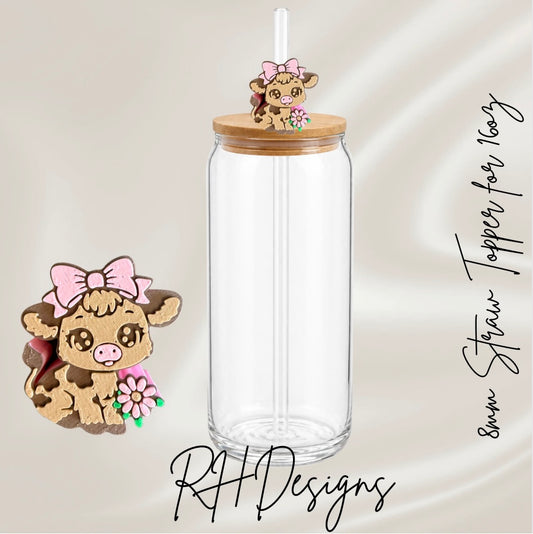 Highland Cow Pink Flower - Straw Topper - 3D