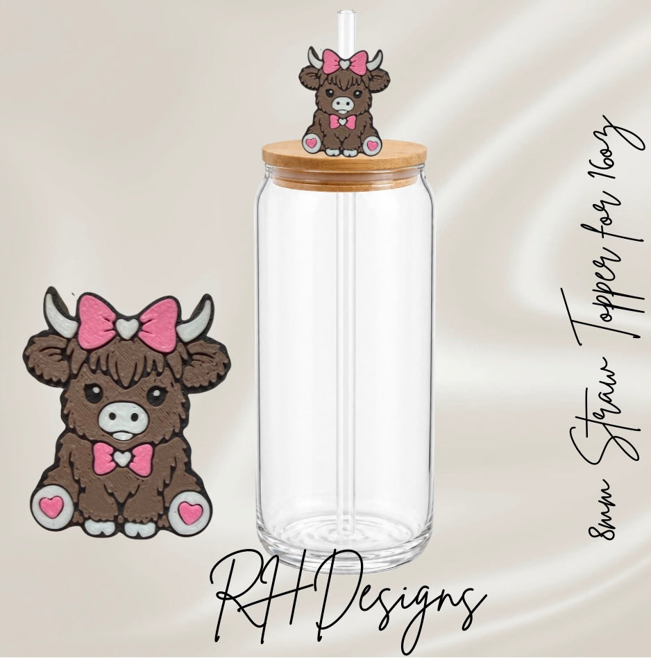 Pink Bow Highland Cow - Straw Topper - 3D