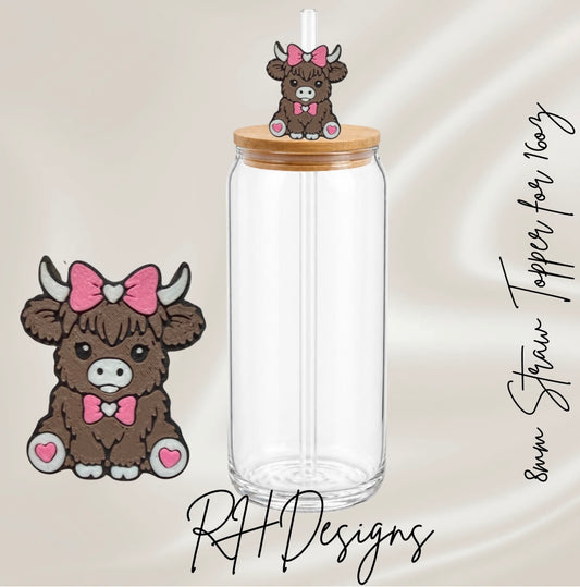 Pink Bow Highland Cow - Straw Topper - 3D