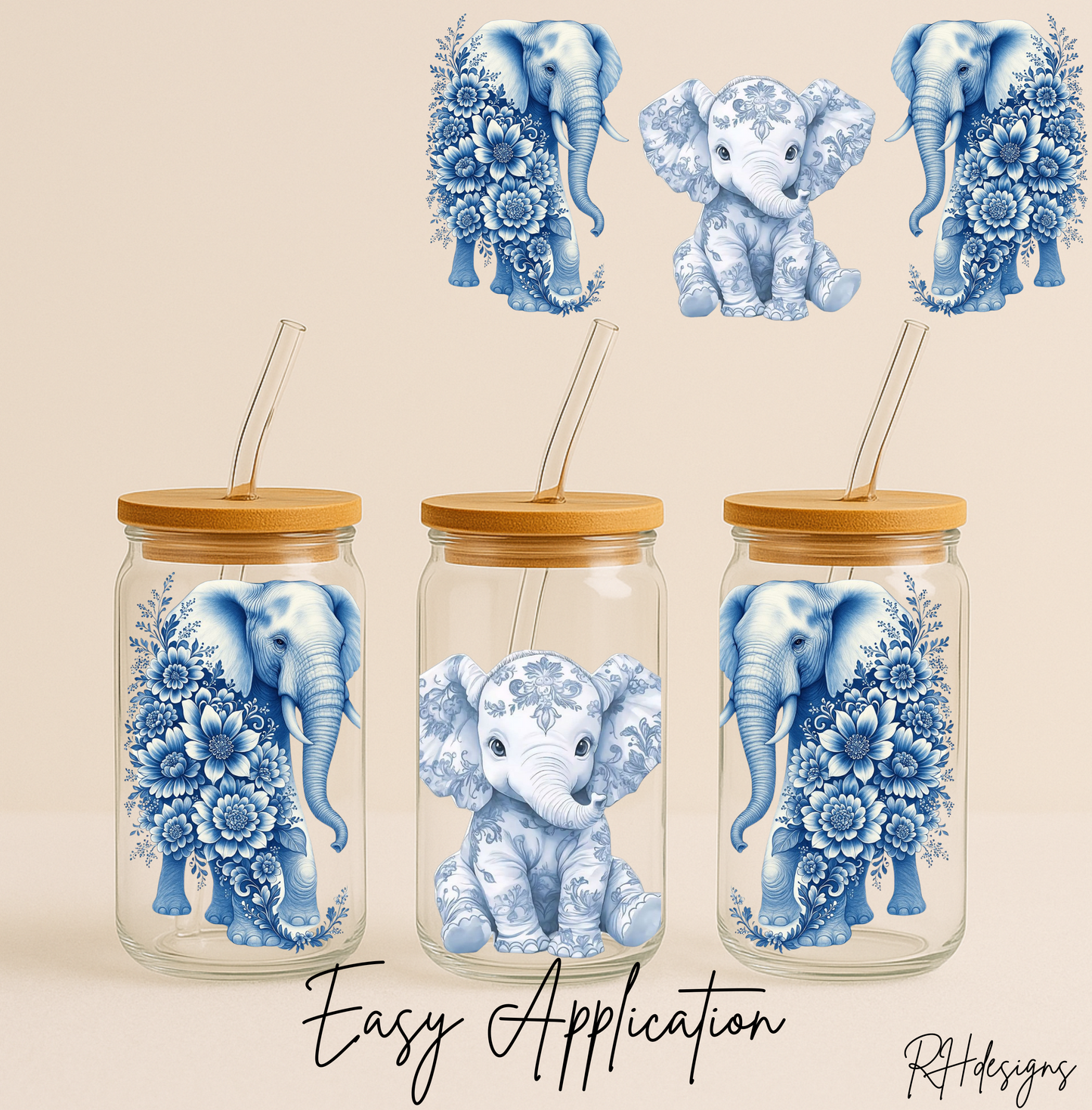 Blue Floral Elephants - 16oz