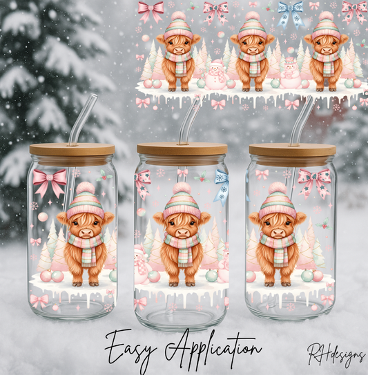 Pastel Pink Christmas Highland Cow - 16oz