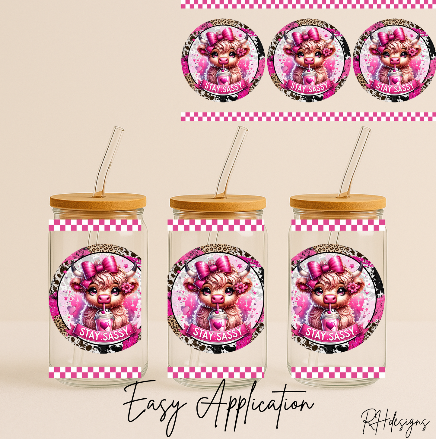 Sassy Pink Checkered Highland Cow - 16oz